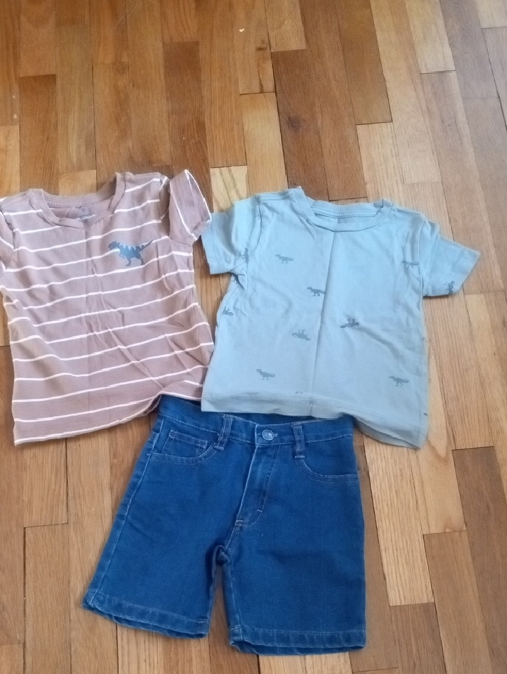 boy 4 Short Sleeve Dino Tee Set in Tan and Light Green with Blue Denim Shorts
